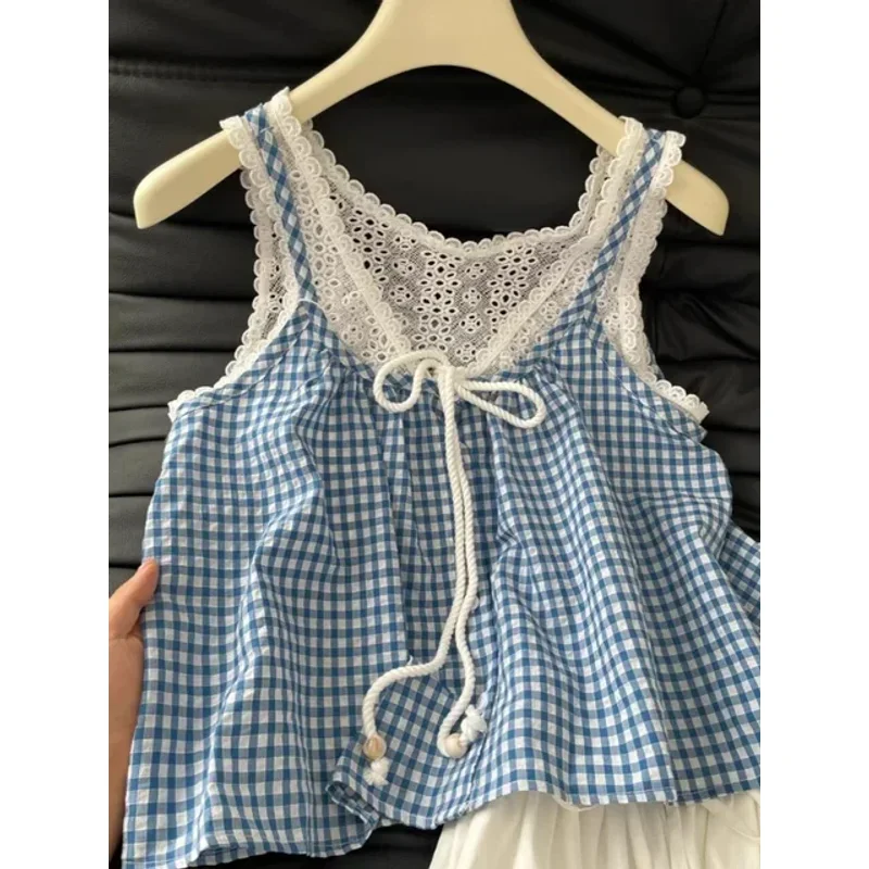 Two Vest 2025 Women Clothing Patchwork Plaid Hollow Out Loose Tops Ropa Mujer Fashion Sweet Camis Korean Summer Cute Tanks