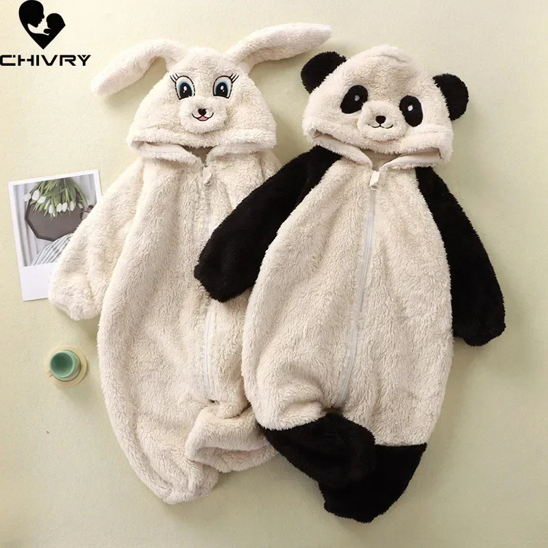 

New Winter Baby Thicken Warm Soft Flannel Rompers Infant Boys Girls Cute Cartoon Panda Rabbit Zipper Hooded Jumpsuits Sleepwear