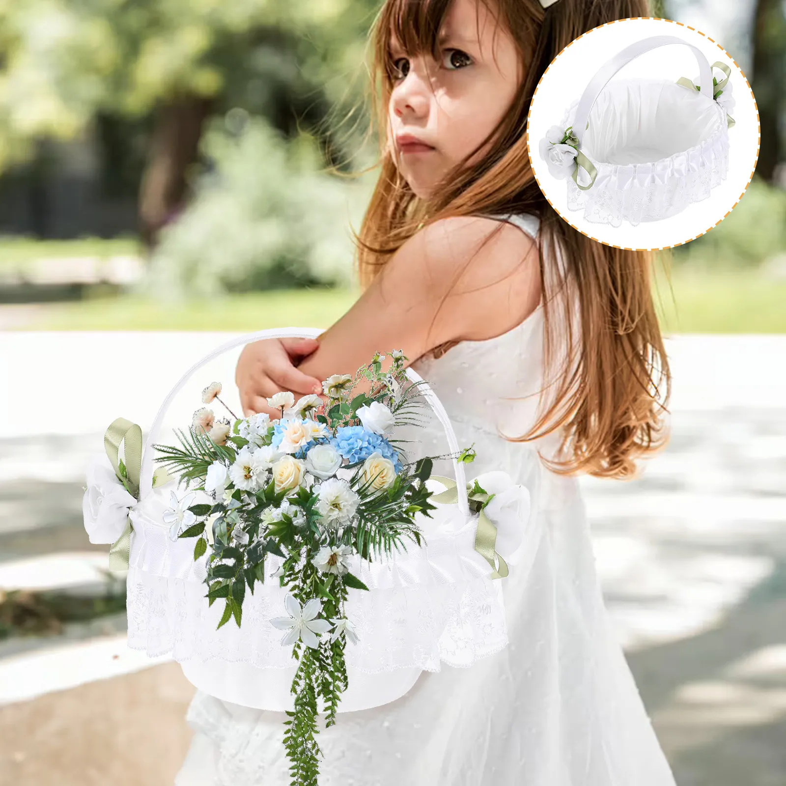 

Flower Basket Lace Bow Design Classic White Handheld Wedding Petal Basket Party Decoration Wedding Supplies