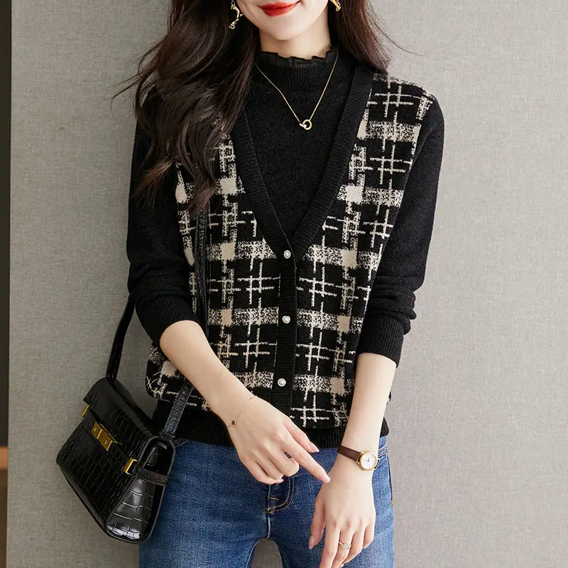 Autumn Winter Turtleneck Women's Pullover Plaid Lace Solid Screw Thread Long Sleeve Sweater Knitted Fashion Casual Vintage Tops