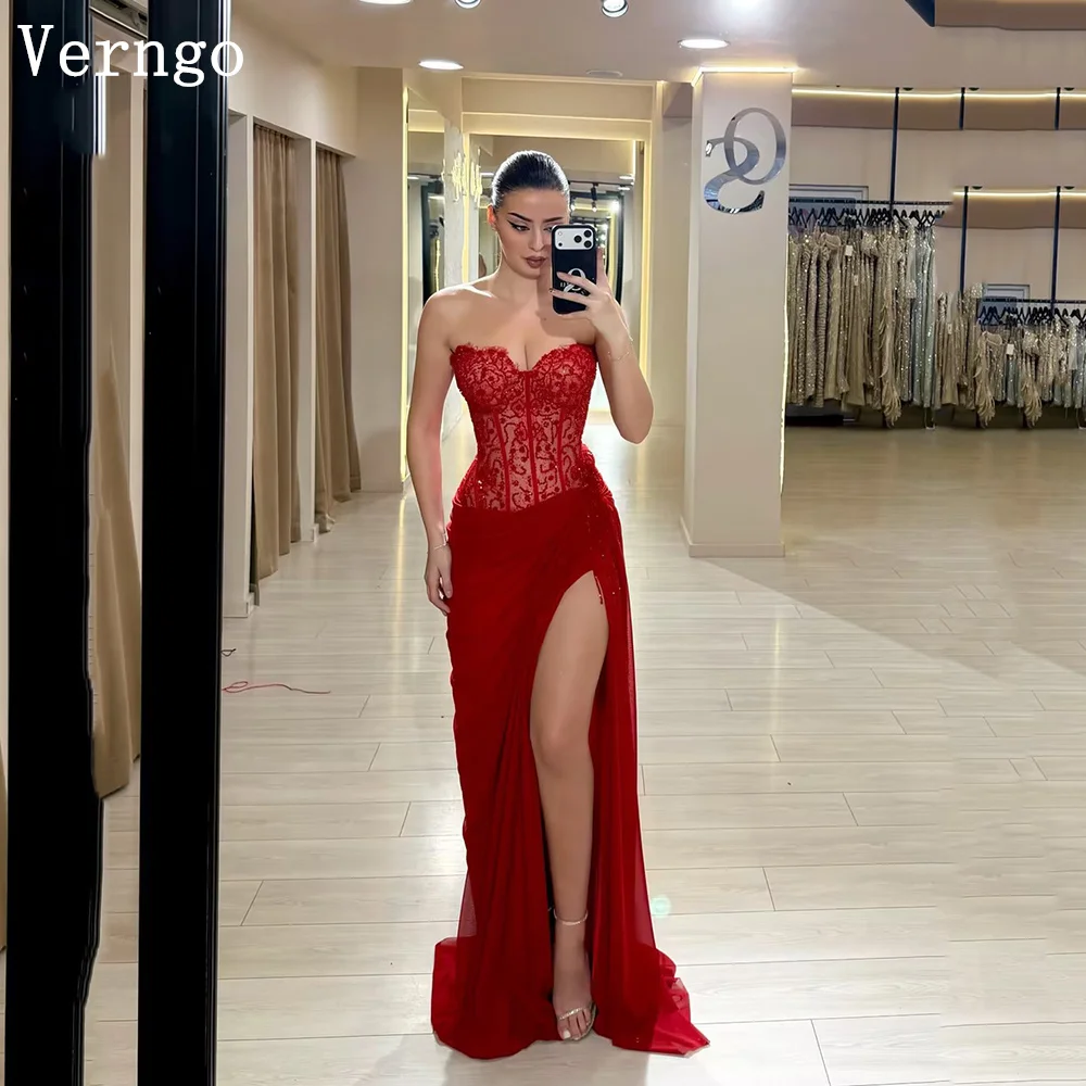 

Verngo Red Lace Elegant Prom Dress Sweetheart Floor Length Side Slit Evening Dress Mermaid Fashion Party Gown 2026 Customized