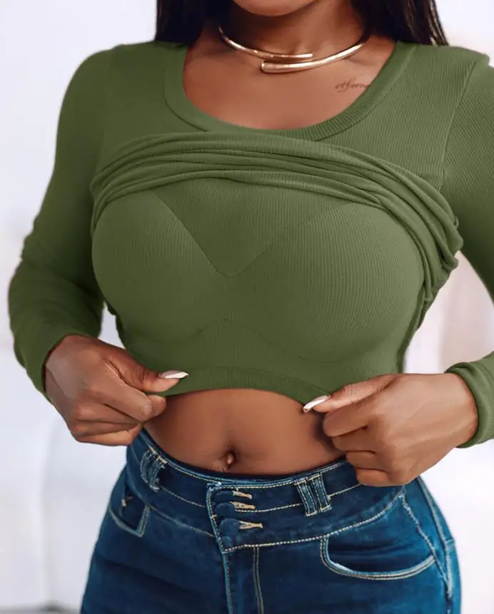 2025 가을 겨울 신상 U넥 긴팔 브라탑 셔츠 캐주얼 심리스 슬림핏 탑 티셔츠 풀오버