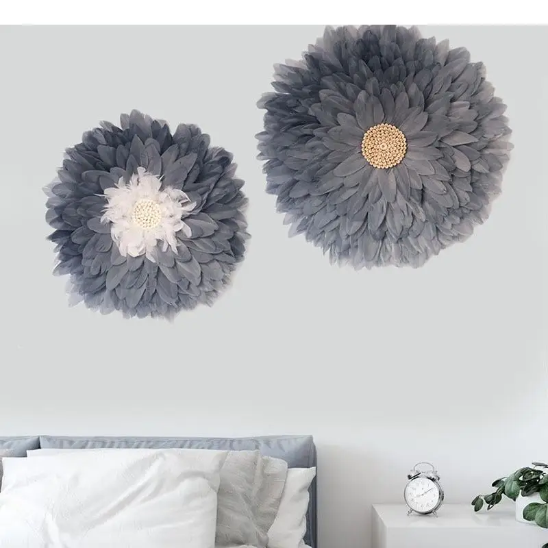 

Gray Feather Wall Ornaments Straw Weaving Crafts Flower Decorative Hanging Pictures Corridor Wall-mounted Artificial