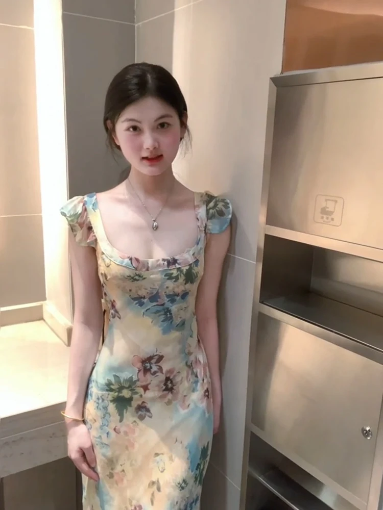 

Pure Desire Style Printed Slim Fit Summer Dress for Women Square Collar Bodycon Skirt Casual Commute Style Polyester Fiber