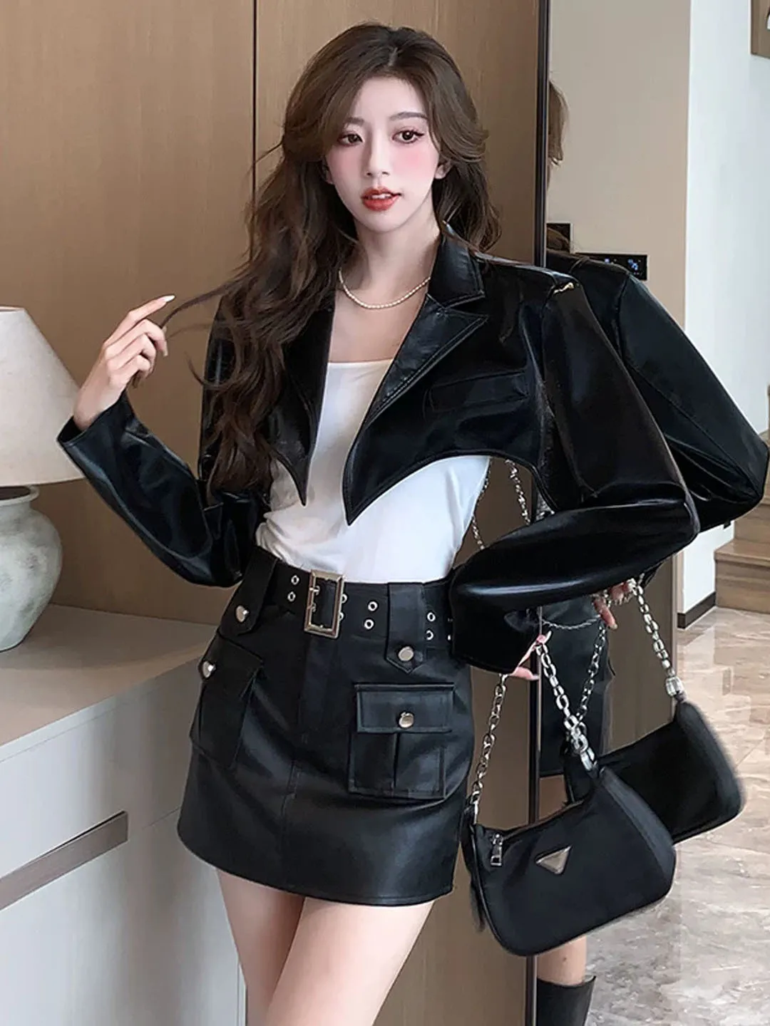 Chic PU Leather Jacket Short Style Women's Fashion Chain Design Suit Collar Coat Spicy Girl Autumn New Arrival Teenage Size