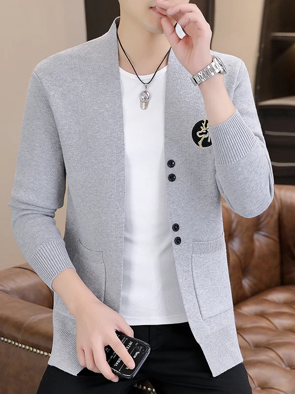 

Мужской элитный вязаный кардиган с вышивкой, шерстяной свитер, модный тренд, весна-осень, новинка, повседневный стиль, полиэстер