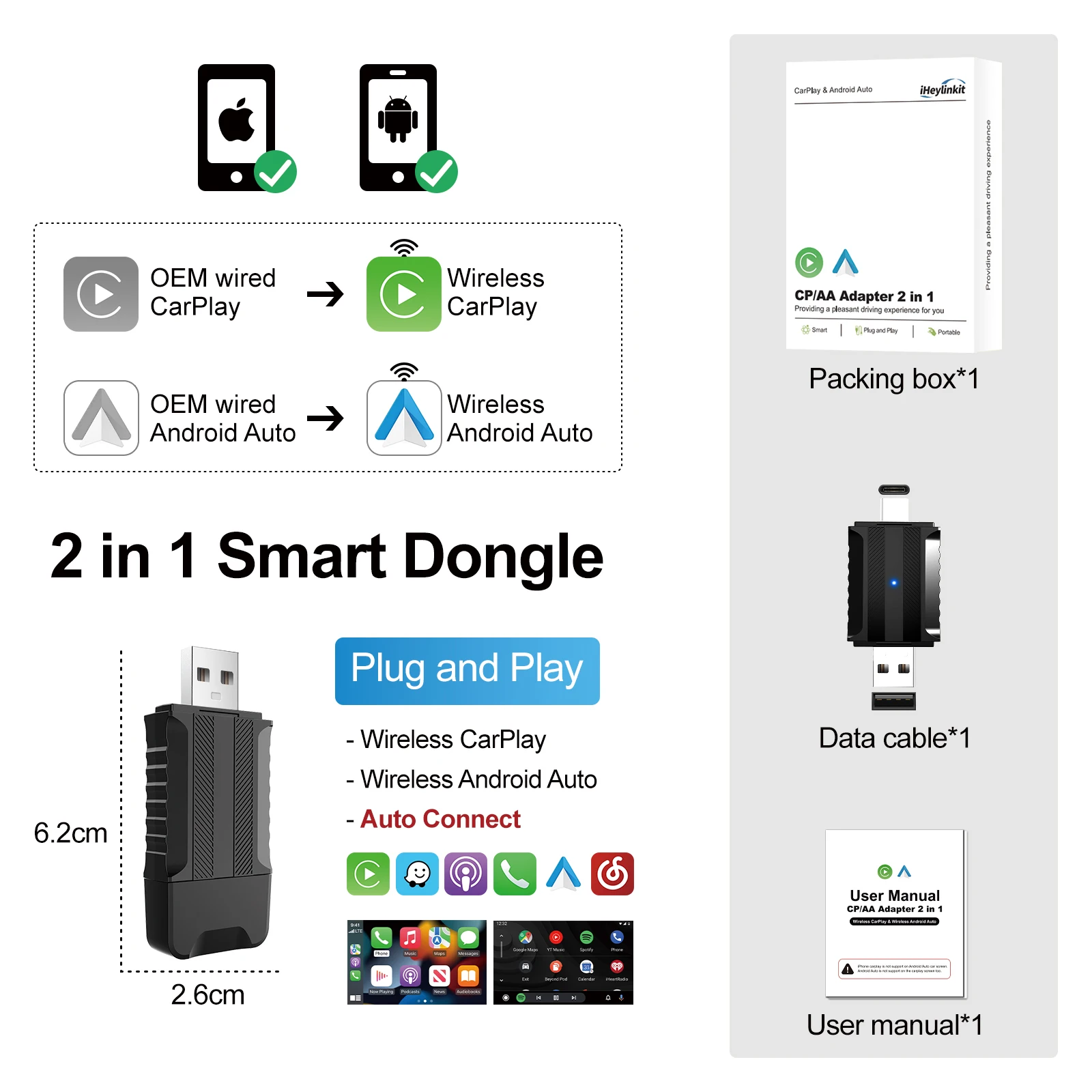 IHeylinkit-Mini adaptateur CarPlay sans fil, Android Auto, Smart USB Dongle Plug matchs Play, 2.4 mesurz, 5 mesurz pour autoradio, 2 en 1, Nouveau