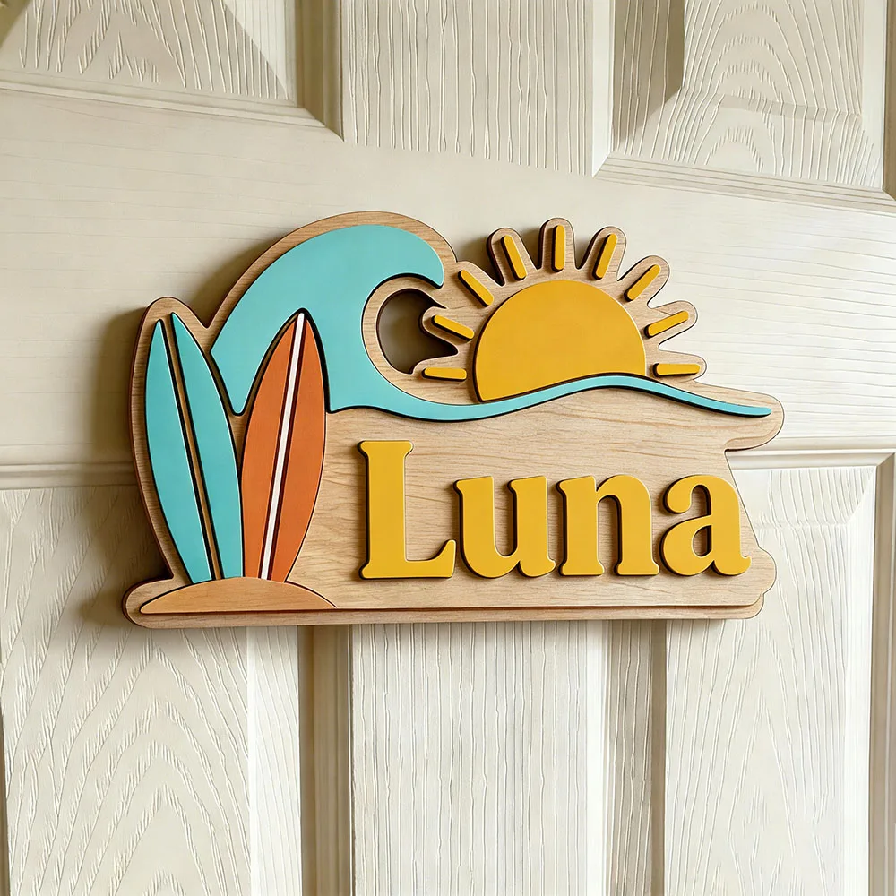 Custom Beach Wave Surfboard Sun Name Door Sign for Kids Bedroom Personalized Tropical Ocean Themed Wooden Nursery Plaque view 4