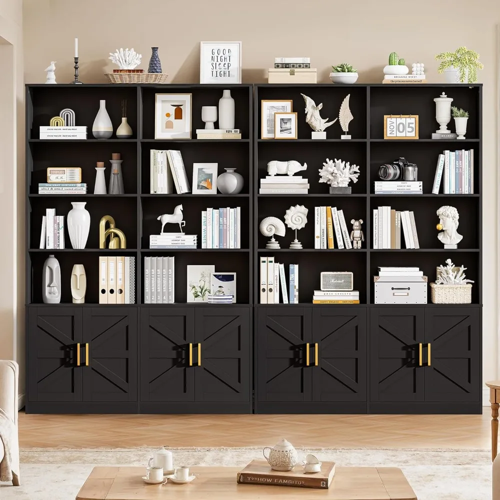 

Black 6 Tier Double Bookshelf with Storage Set of 2,71" Tall Farmhouse Bookcase with 8 Doors,Floor Standing Open Display Shelves