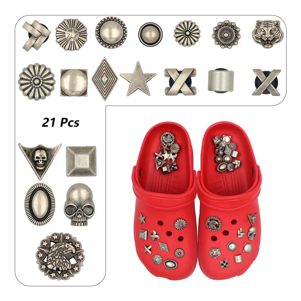 21 Pcs Shoes Metal Charms Shoes Accessories Tiger Eagle Pentagram Handmade Detachable Decorations Buckles Silvery Halloween Gift