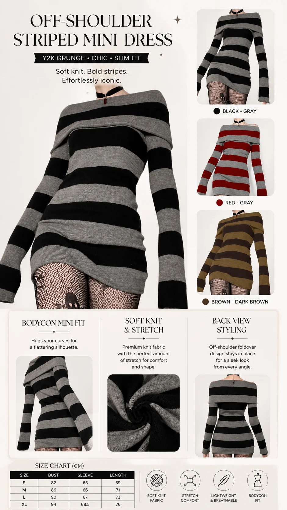 Women Gothic Y2K Off Shoulder Striped Knit Mini Dress, Long Sleeve Bodycon Sweater Dress, Punk Grunge Aesthetic Party Club Outfits image 7