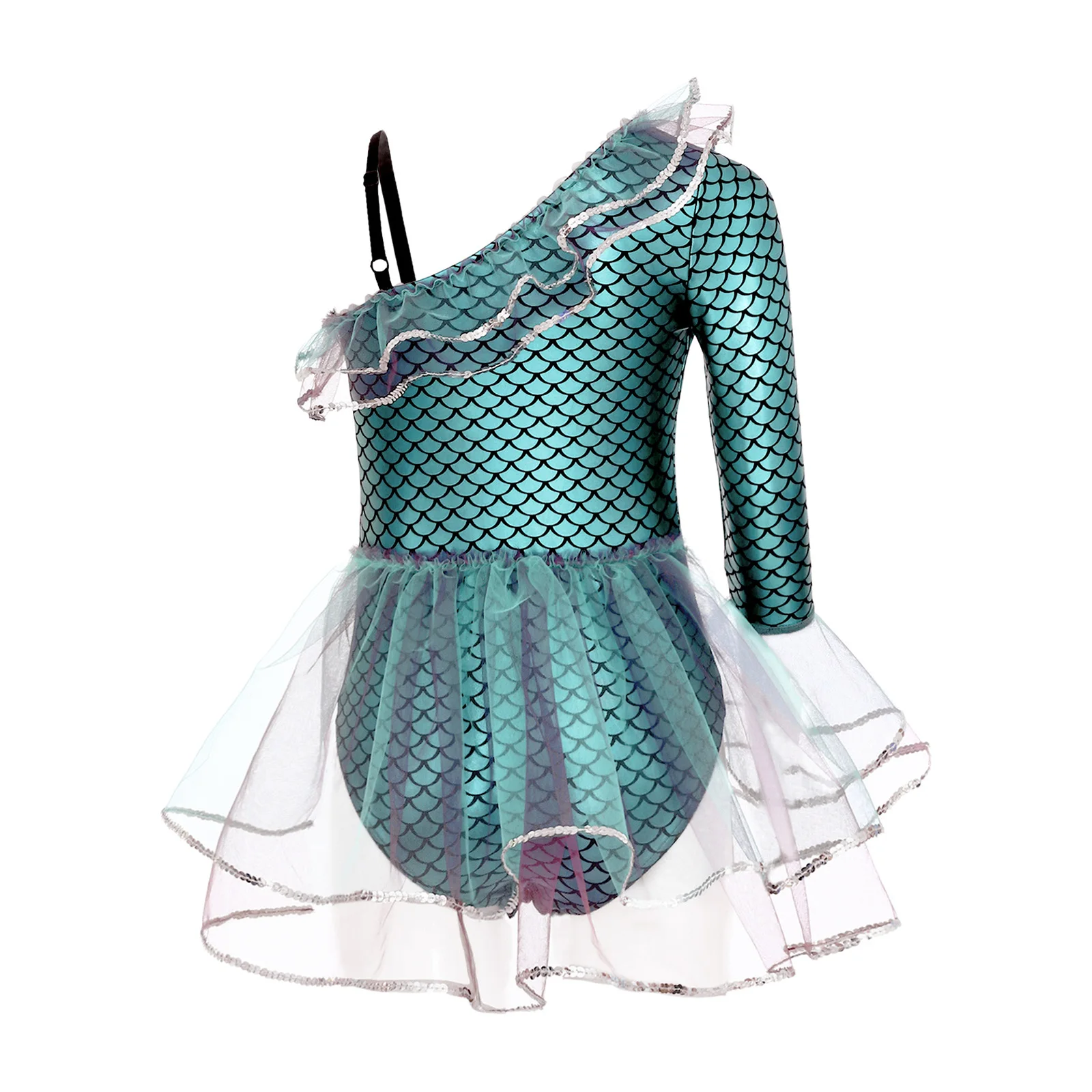 Kids Girls Shiny Fish Scale Print Mesh Tutu Mermaid Bodysuit Gymnastics Ballet Dance Leotard for Halloween Carnival Theme Party