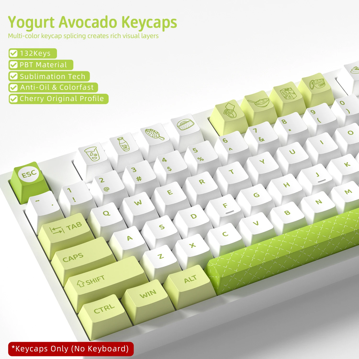 Yogurt Avocado Keycaps 132 Keys PBT Material Keycaps Cherry Profile DYE-SUB For MX Switch Wooting Mechanical Keyboard Keycaps