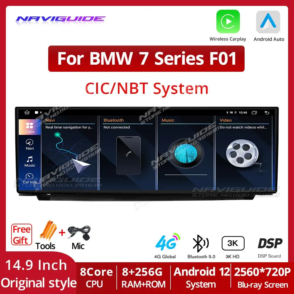 

NAVIGUIDE 14.9" Android 12.0 2560*720P Car Radio For BMW 7 Series F01 CIC NBT GPS Multimedia Player Carplay FM Bluetooth 4G Wifi