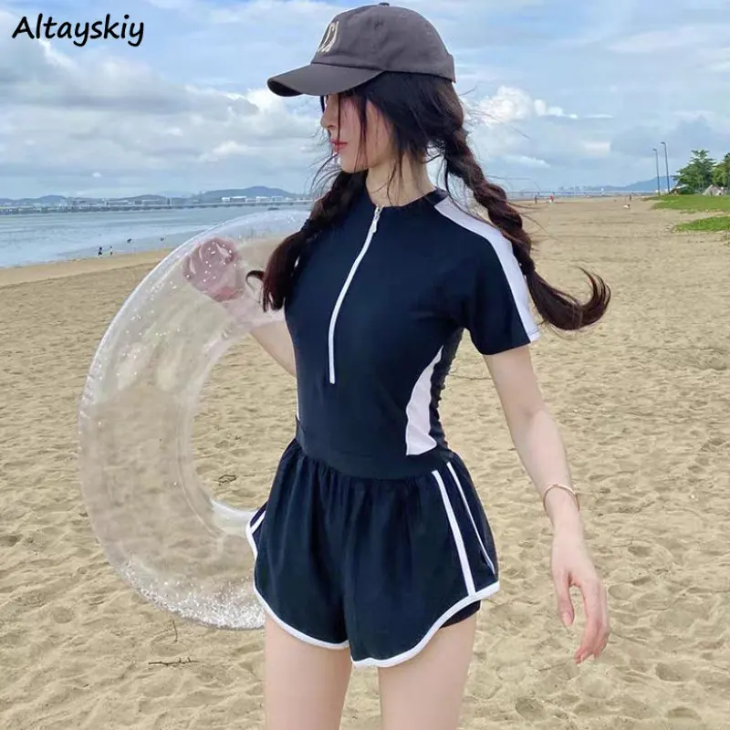 Sporty Fake 2 Pcs Cover-ups Women Young Fashion Skinny Casual College Chic Bathing Swimwear All-match Hotsweet Comfort Ulzzang