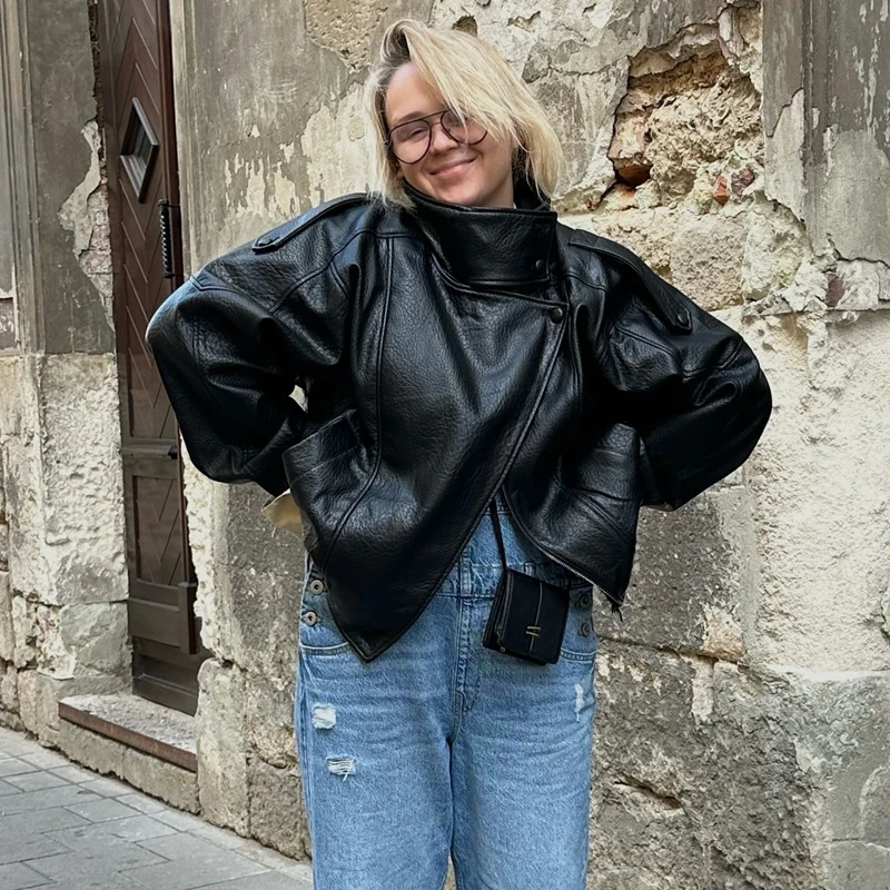 MUJER سترات من الجلد الصناعي الأسود للنساء ملابس خارجية مكتب المرأة Bomber سترة أزرار خاطفة ديمي الموسم سترة للنساء معطف