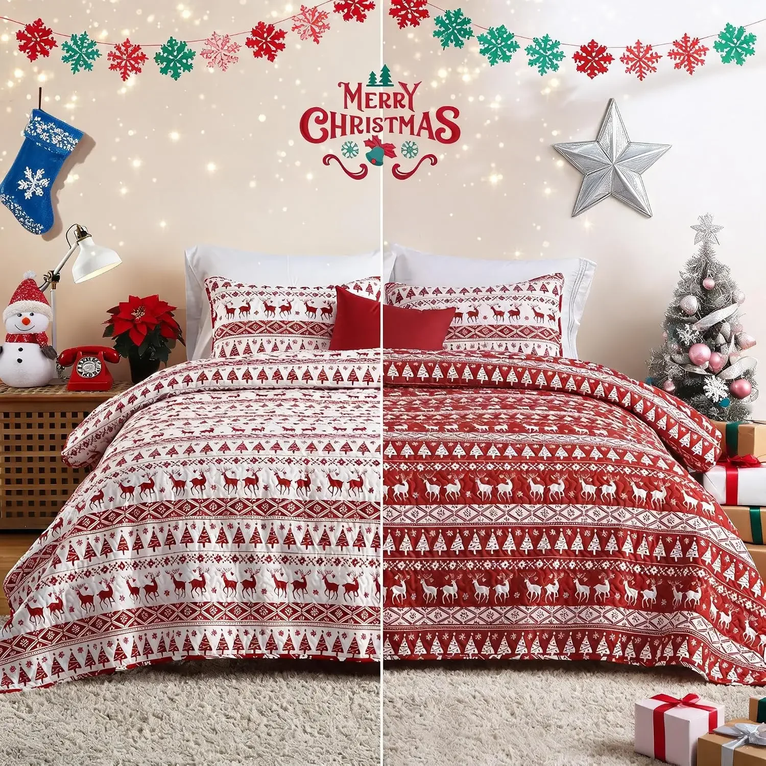 3PCS Christmas Quilt Set King/Queen Size Quilt Set Winter Blanket for Bed Soft Warm Snowflake Fleece Sleeping Blankets Bedroom Dormitory Duvet Covers