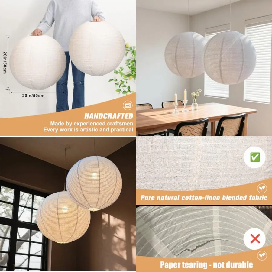 

-2PCS Hanging Lamp Shade Can replace Large paper lantern 20INCH Linen Pendant Light Shade Round Off-White Handmade Fabric Lamps