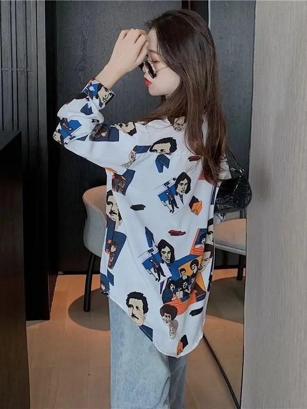 

Рубашка женская свободного кроя с принтом для ранней осени, стиль Cleanfit, А-силуэт, с коротким рукавом, из полиэстера, тонкая модель KH966964