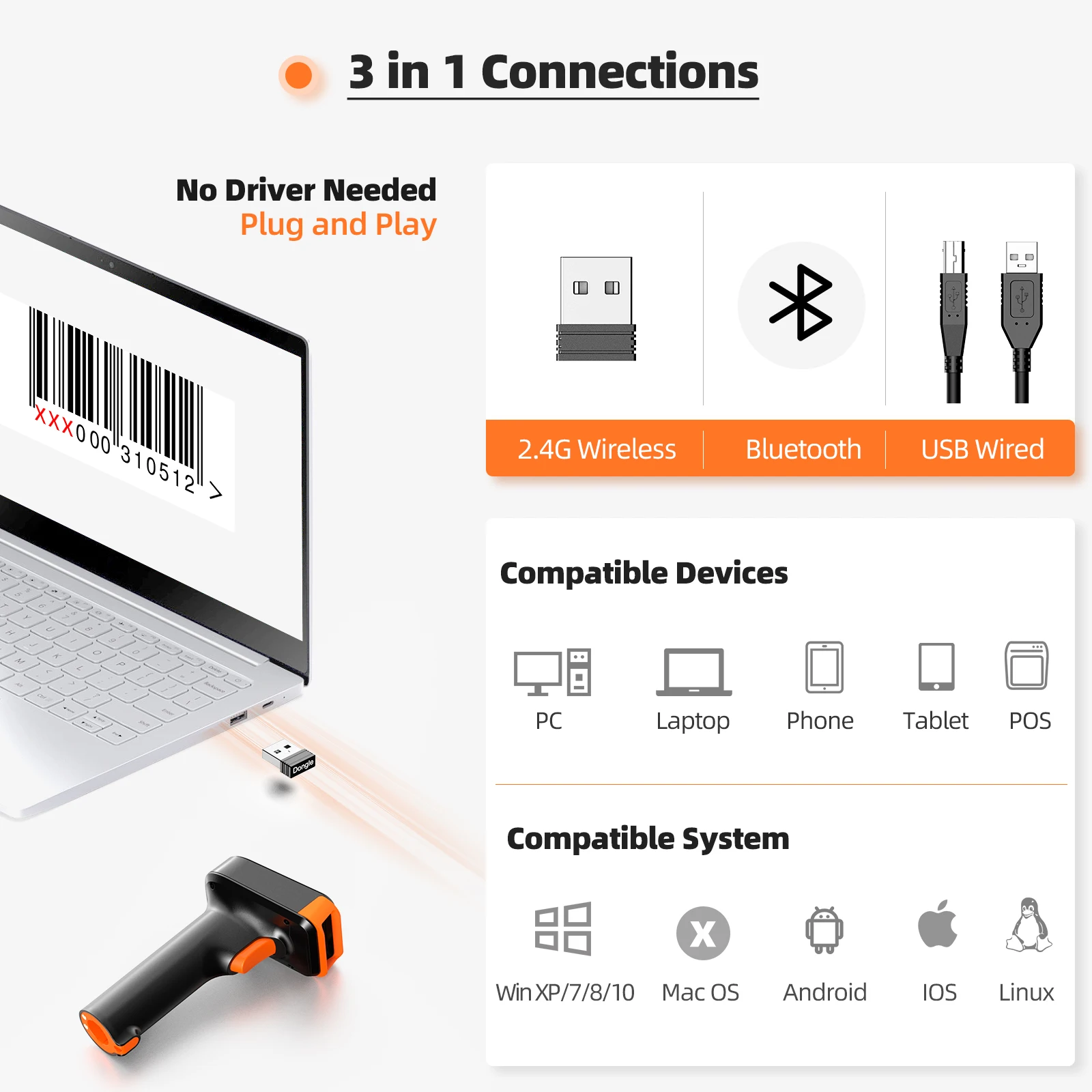 Eyoyo 2D Bluetooth QR Code Screen Reader With Base 3-in-1 Wireless Barcode Scanner 2500mAh Battery With Power Level Indicator