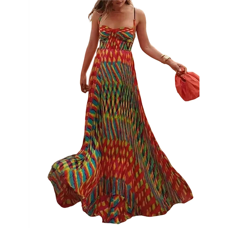 AOAO-Damska sukienka na ramiączkach bez rękawów z nadrukiem, dekolt w szpic, codzienne plisowane sukienki