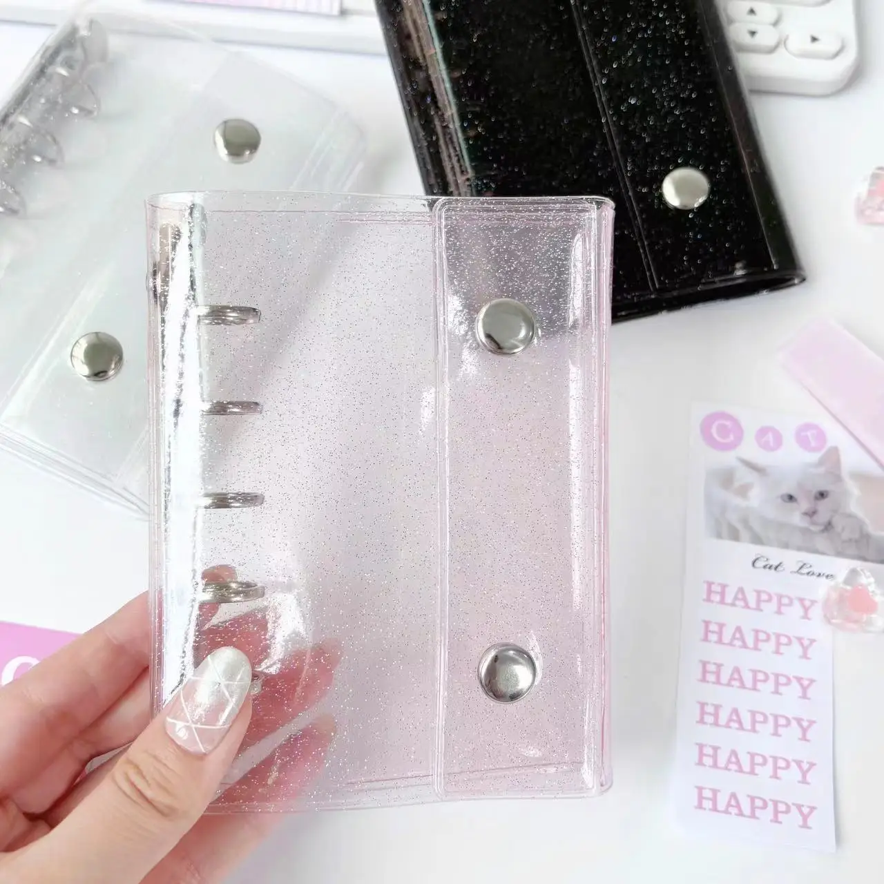 

M5 5Holes Glitter Pink Black Transparent Binder Loose Cover Journal Sketchbook Accessories Diary Office Supplies