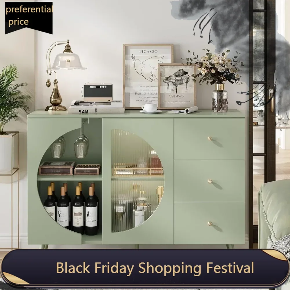 Coffee Bar Cabinet with Fluted Glass Door, Modern Cream Style Buffets & Sideboards with Wine Glass Rack