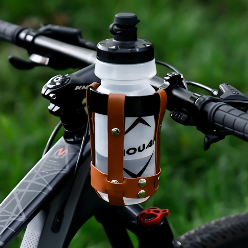 Bicycle Leather Water Bottle Holder Adjustable Mountain Bike Kettle Holder Aluminum Alloy+PU Leather Beverage Kettle Cup Bracket