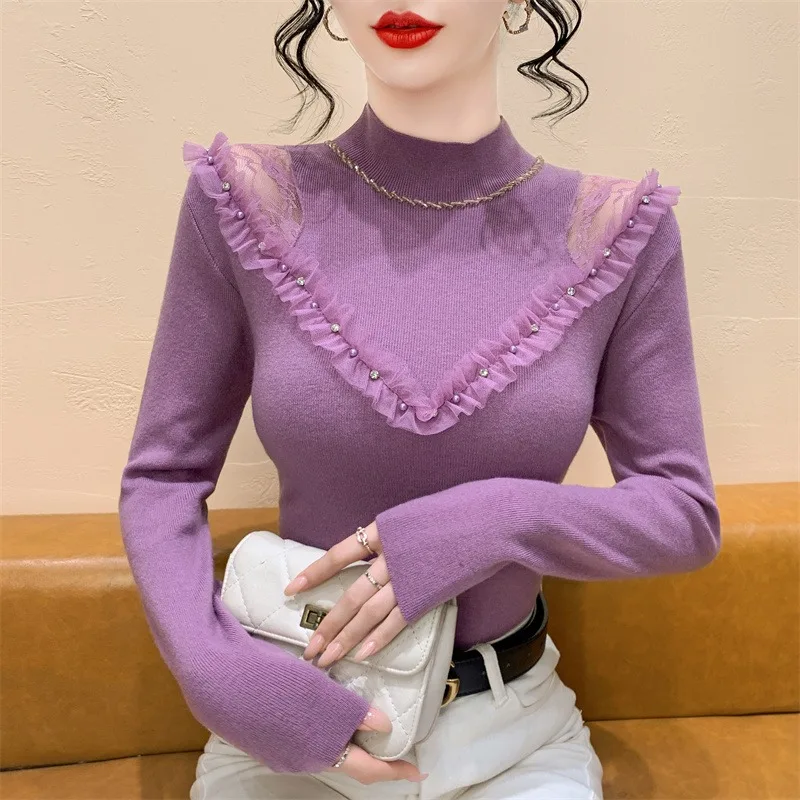 

Уникальный красивый женский вязаный кружевной свитер с высоким воротником и бриллиантами, осенне-зимний внутренний свитер Base irt