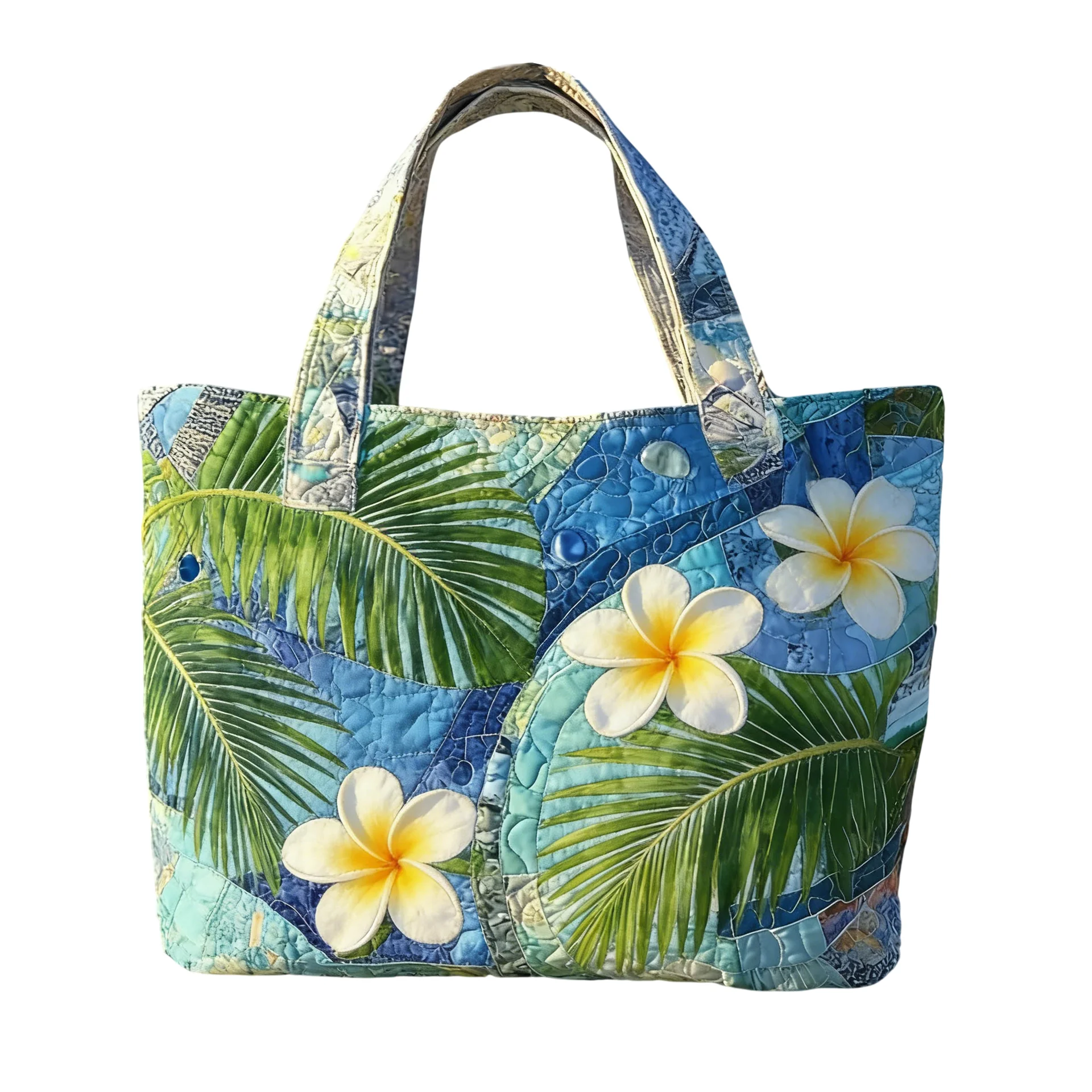 Hawaiian Tropical Plumeria Quilted Tote Bag Palm Leaf Print Lightweight Shoulder Handbag Reusable Grocery Bag for Daily Use