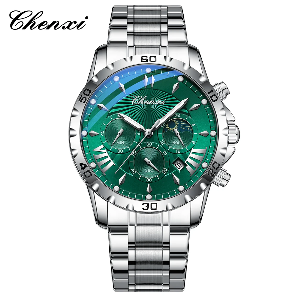 Business Men's Watch Luminous Waterproof Round Dial Man Watch CHENXI Calendar Display Stainless Steel Band Men's Wristwatch