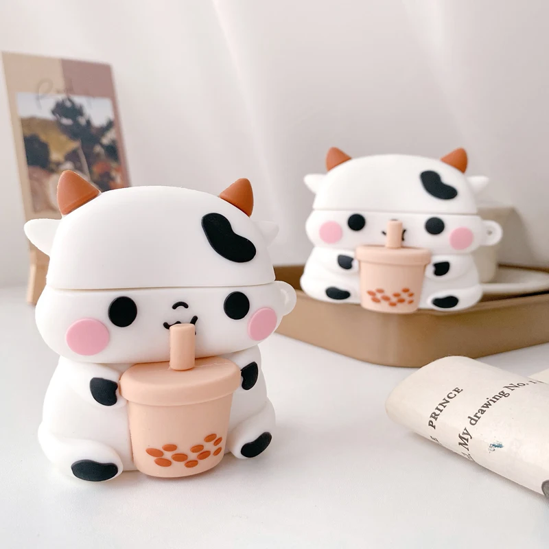 3D Cute Cow Drinking Milk Tea Case for HUAWEI FreeBuds 4 Generation 3 4i Pro Silicone Cover Cartoon Protective Shell Lovely