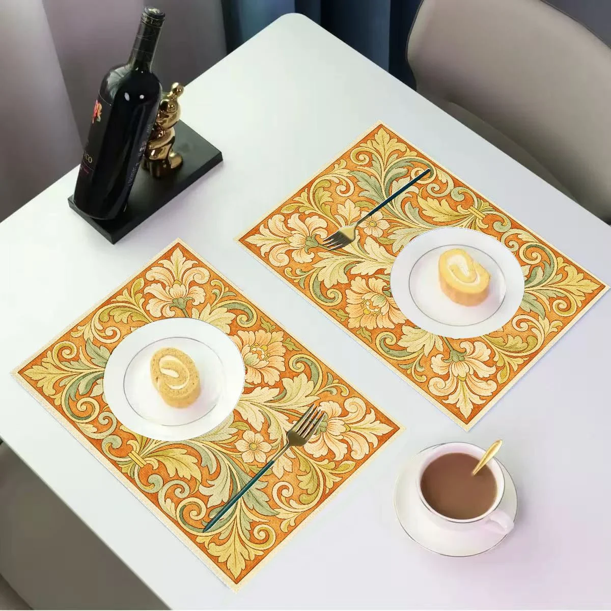 VIKAMA Placemat Red Gold Peony Flowers Print, Waterproof Oil-Proof Heat-Resistant Non-Slip Dining Table Mat