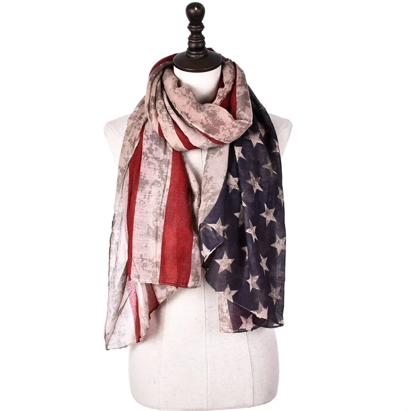 2024 Foreign Trade Retro Star Stripes Scarf Ladies Positioning American Flag Printing Bali Yarn Scarf Wholesale