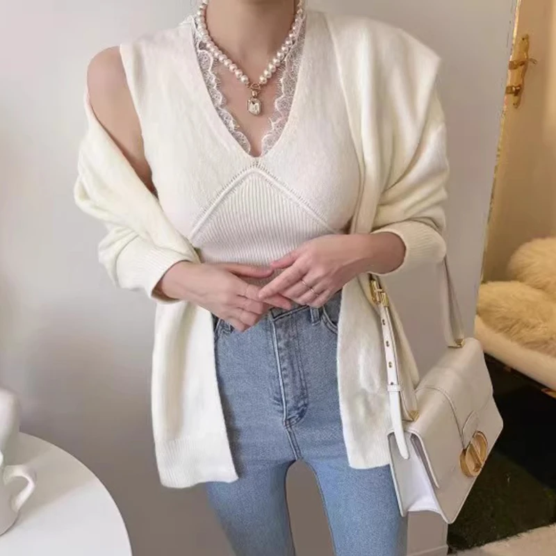 

Женский свободный вязаный свитер Ele Lace V-Ne Svel Top Jaet, осенний комплект Faion, повседневный комплект для поездок на работу