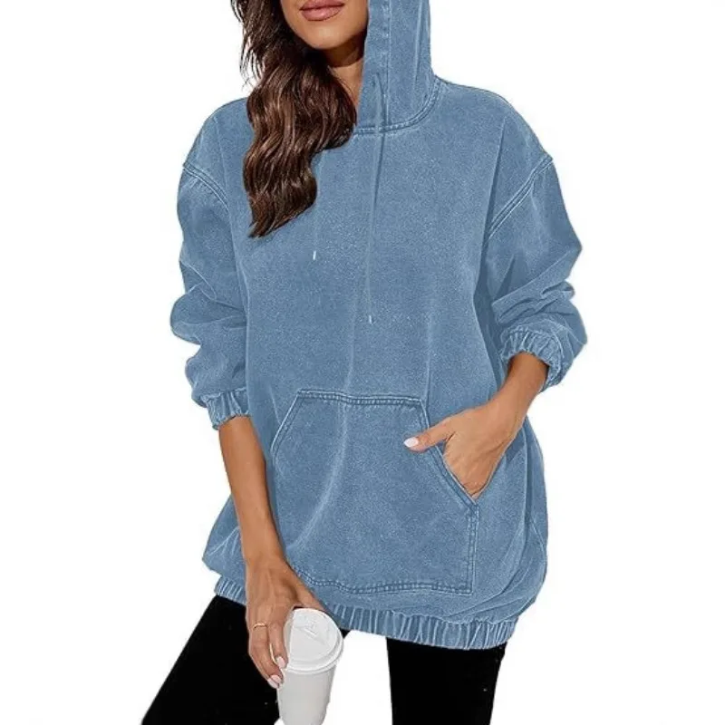 Autumn Winter Loose Fit Denim Women Hoodie Sweatshirt  Washed Out Jacket Retro Style Cotton Women's Casual Streetwear