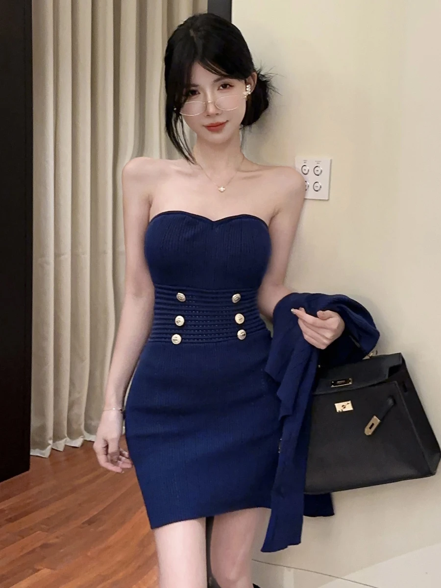 Early Autumn Pure Desire Sexy Knitted Wrap Chest Skirt Dress Waist Cinched Short Skirt Open Cardigan Set Women's Fashion
