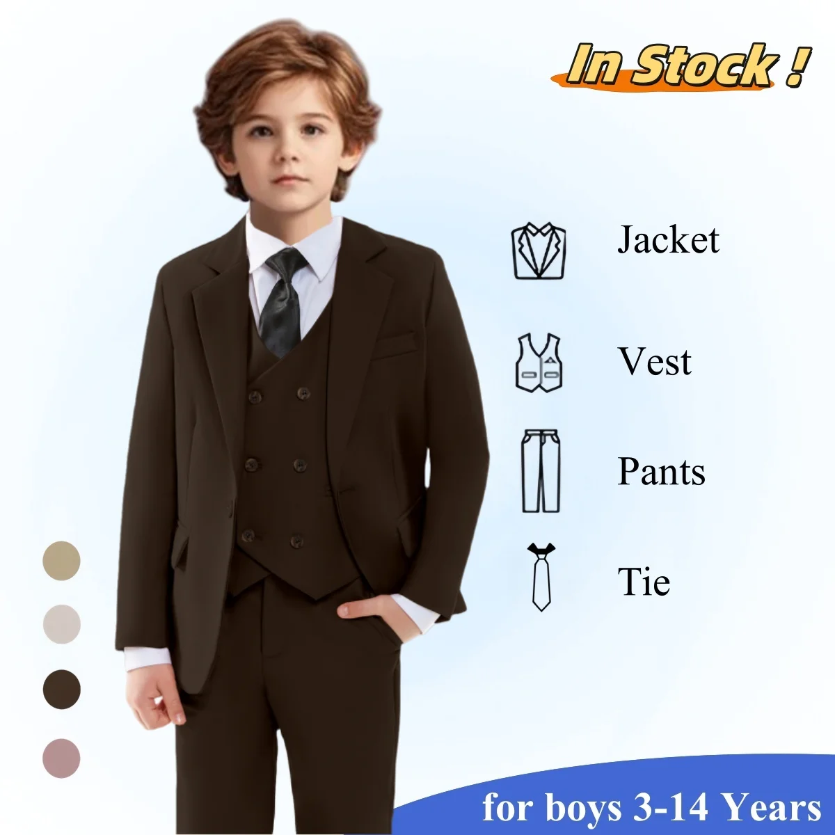 

Solid Suit Set for Boys Toddler to Teen - 4 Piece Jacket Pants Vest Pants Set - In Stock Kids Wedding Guest Suit Sets