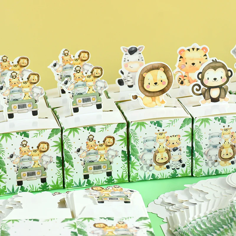 24pcs Jungle Animal Candy Boxes Safari Tiger Lion Monkey Cookies Gifts Packaging Box Bags For Kids Wild One Birthday Party Decor