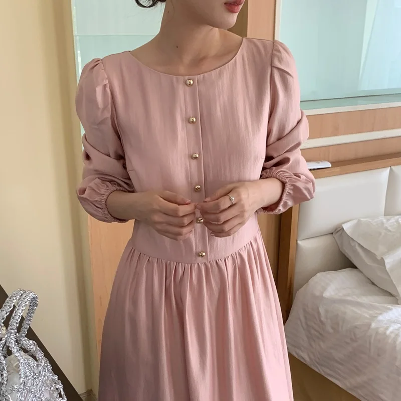 Women's 2024 French Style Cute Three Quarter Sleeve Solid Single Breasted Panelled O-Neck High Waist Dress