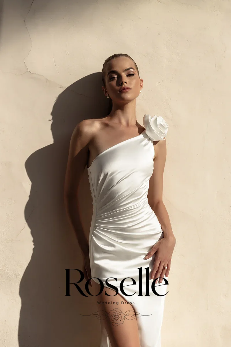 ROSELLE One Shoulder Flower Elegant Sheath Wedding Dress Pleat High Side Slit Open Back 2026 Bridal Customized свадебное платье