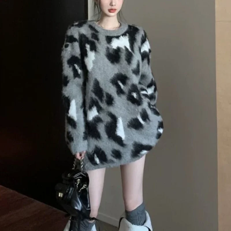 

Vintage Leopard O-neck Pullover Sweater Loose Autumn Winter Knitting Top Tee Women Clothes Trend Mid Length Top Thick Pullovers