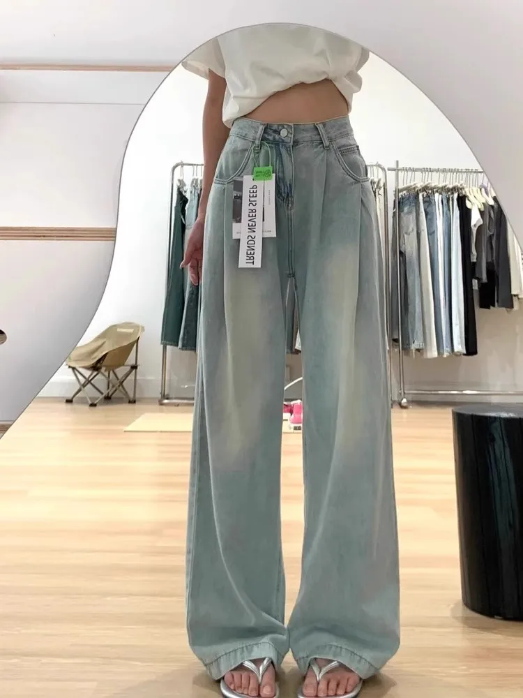 

High Waist Wide Leg Light Color Pleated Denim Jeans Women Summer Thin Ice Silk Floor Length Long Pants Slimming Effect