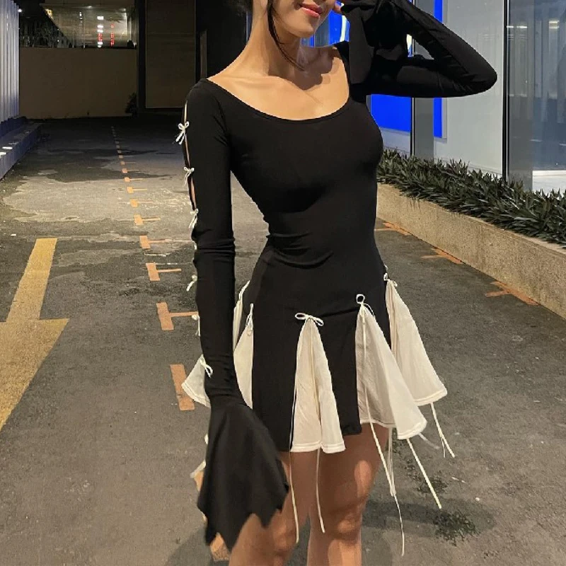 Mini abito nero per le donne autunno Patchwork moda manica svasata fasciatura Sexy o-collo a-line Dress Casual Club elegante Partywear