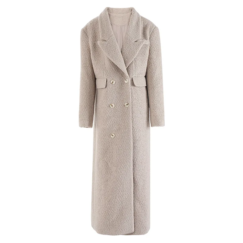 

High quality woolen coat women's winter new double breasted waist design sense extended coat