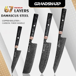 Grandsharp 1-4 PCS Kitchen Knife 67 Layers Damascus Steel with Copper Bolster+Carbon Fiber Octagon Handle Chef Meat Food Cutter