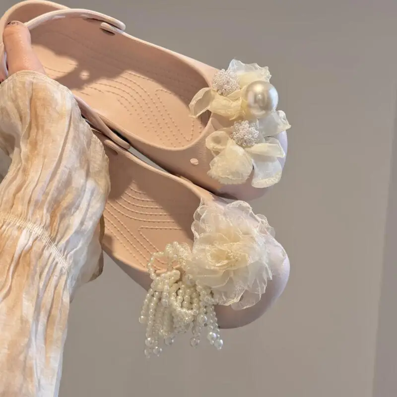 Korean Style Pearl Bowknot Pink Ballet Clogs Accessories Women Brand Mesh Camellia Shoes Charm Set Balletcore Clogs Decorations