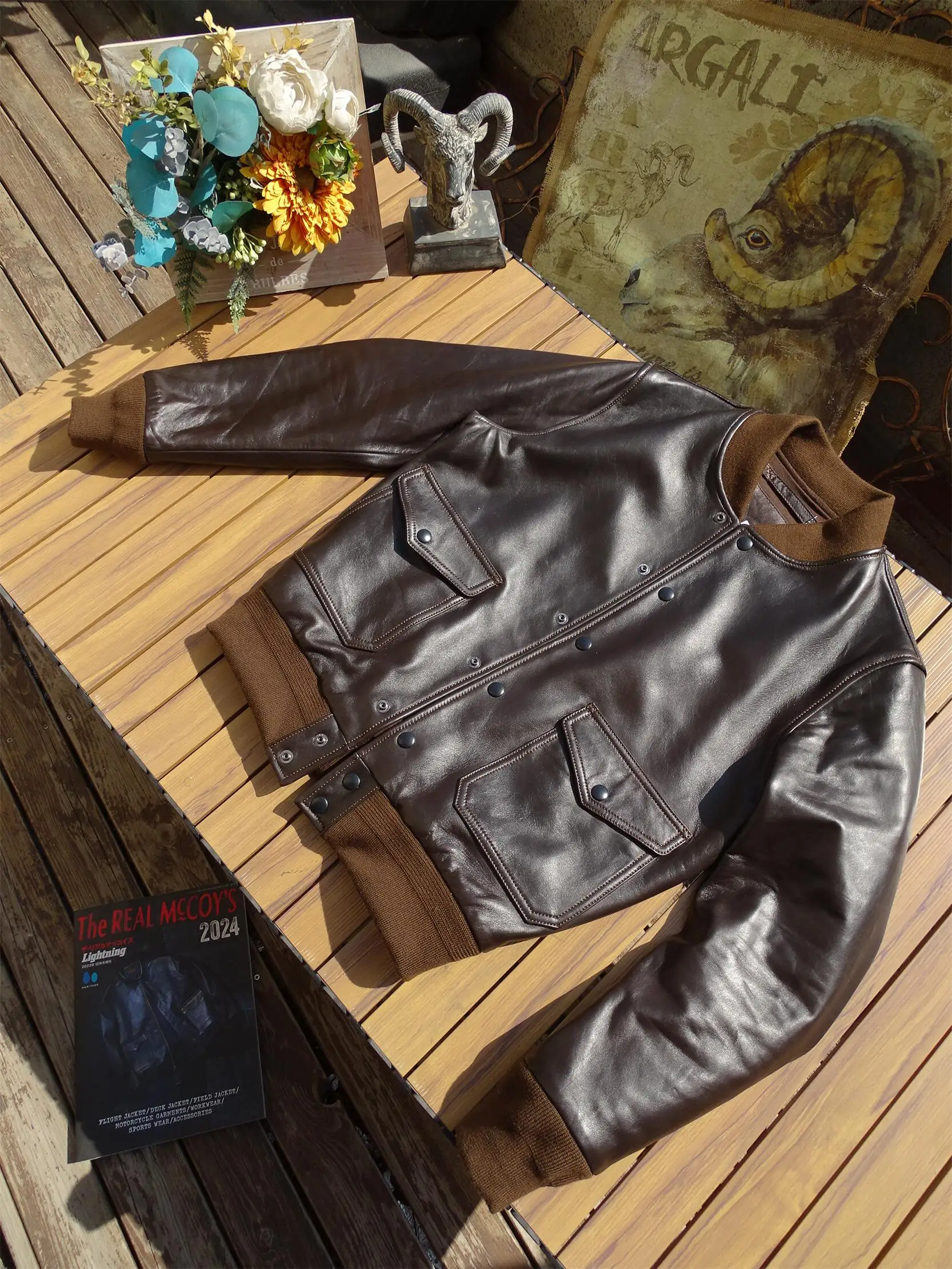 Men's A1 Bomber Leather Jacket, Dark Brown Sheepskin