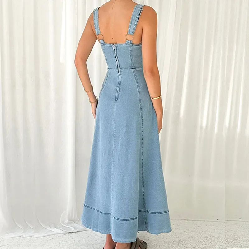 Summer Suspenders Hollow Pockets A-line Dress Elegant Off Shoulder Waist Long Dresses Female V Neck Single Breasted Denim Dress