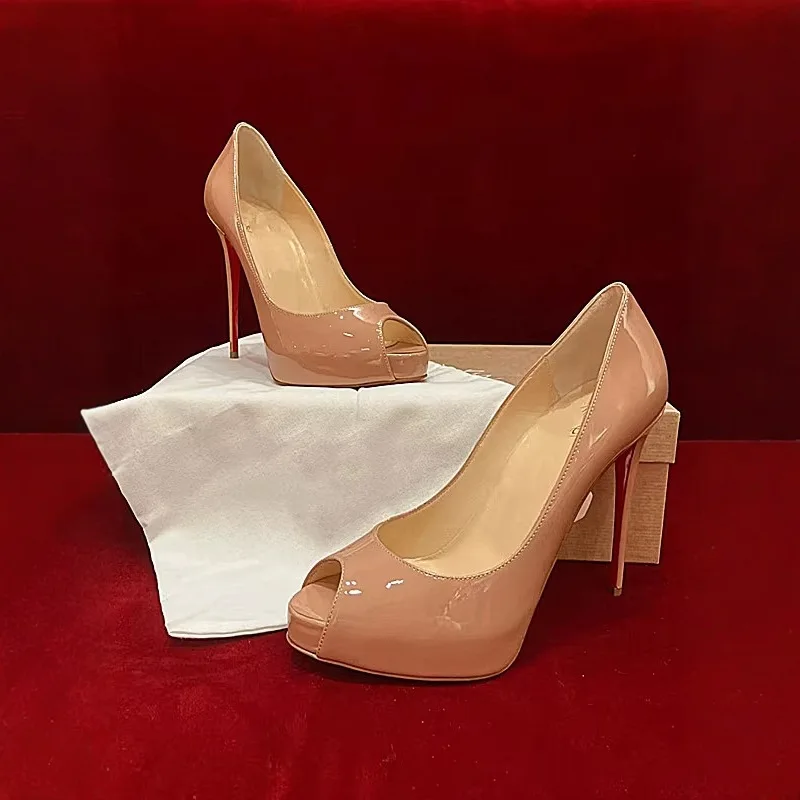 

2025 New Nude Color Fish Mouth High Heels Women's Thin Heel Patent Leather Waterproof Platform Sexy Style Fashion Single Shoes